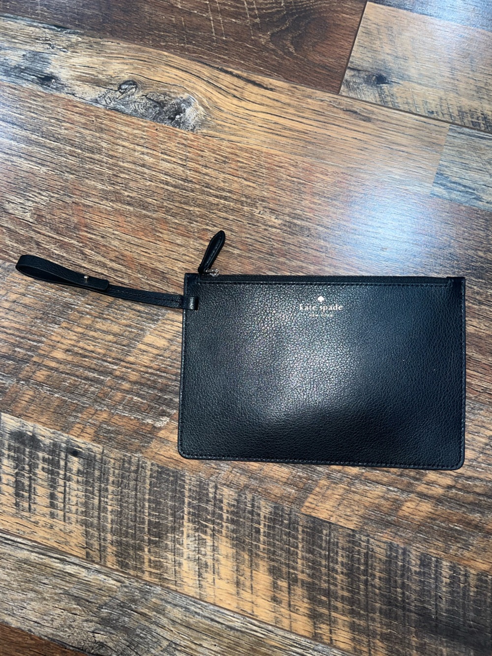 kate spade black leather wristlet clutch with gold logo